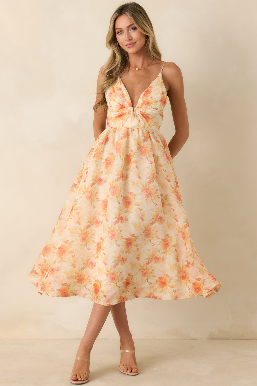 Orange-Floral-Midi-Dress-Featuring-A-Plunging-V-Neckline