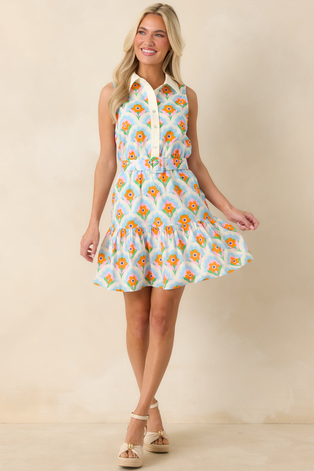 Orange-Light-Blue-Floral-Mini-Dress