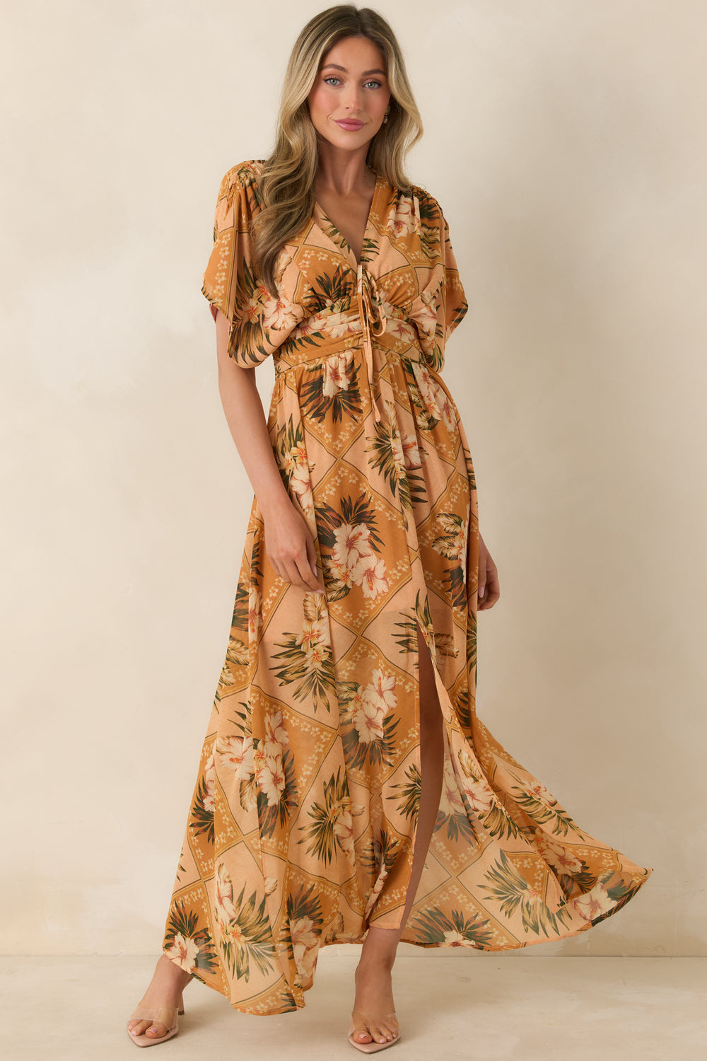 Peach-Tropical-Print-Maxi-Dress-With-V-Neckline