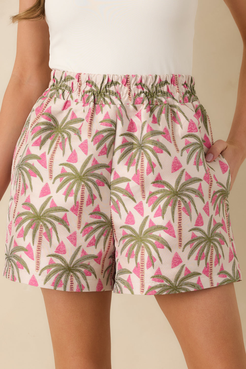 Pink-Jacquard-Shorts-Close-Up-Woven-Palm-Pattern