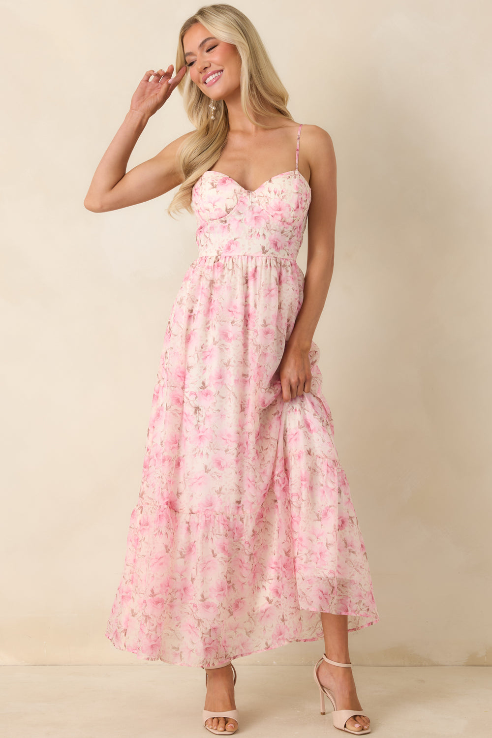 Pink-Multi-Floral-Midi-Dress-Featuring-Adjustable-Spaghetti-Straps