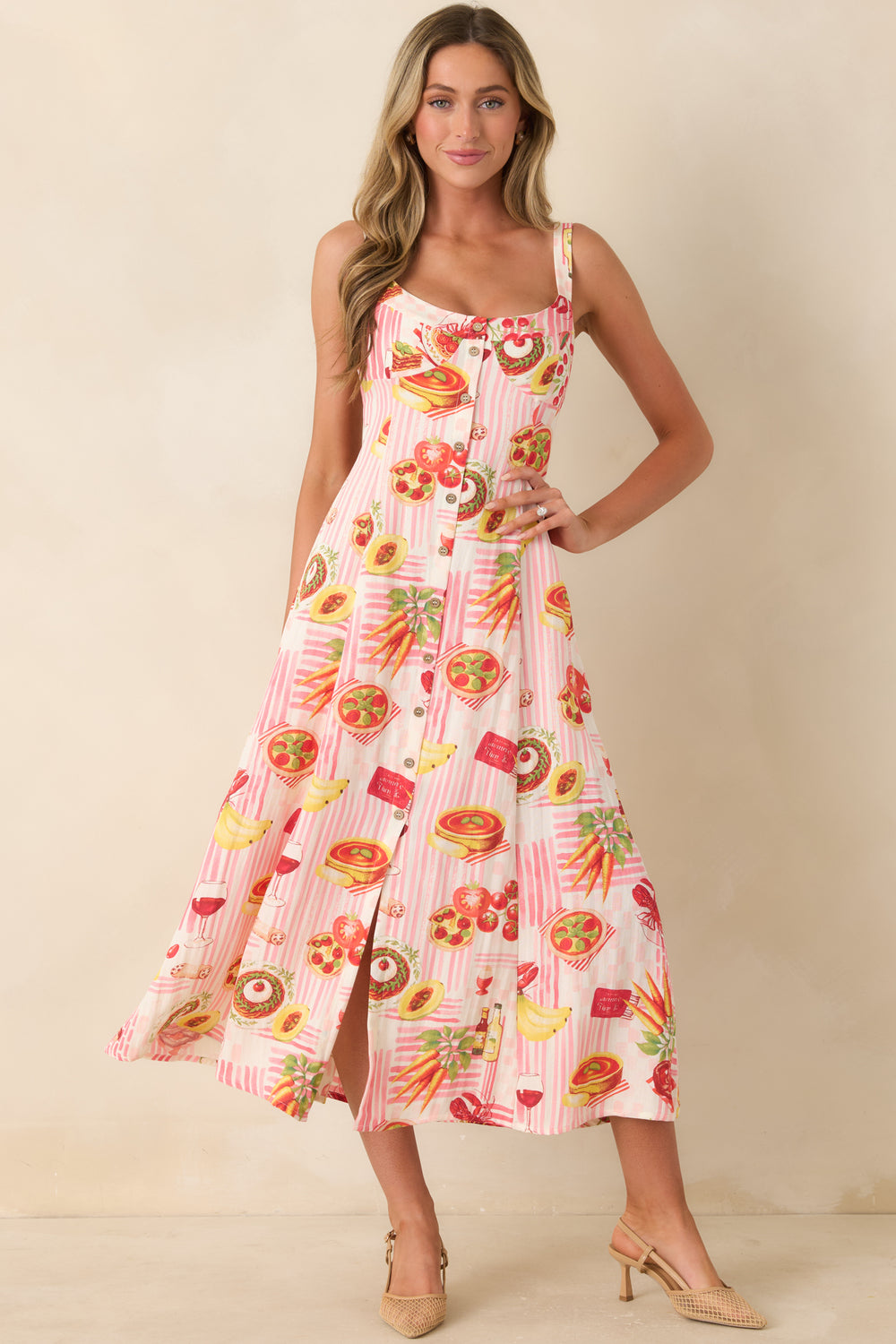 Pink-Striped-Food-Print-Midi-Dress-Front