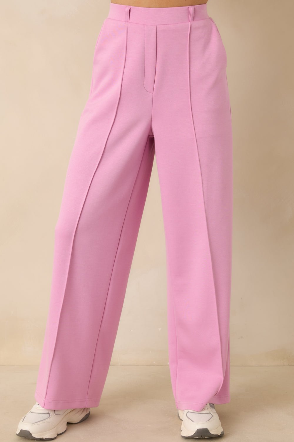 Pink-Wide-Leg-Pants-Structured-Waistband-Pleat-Detail