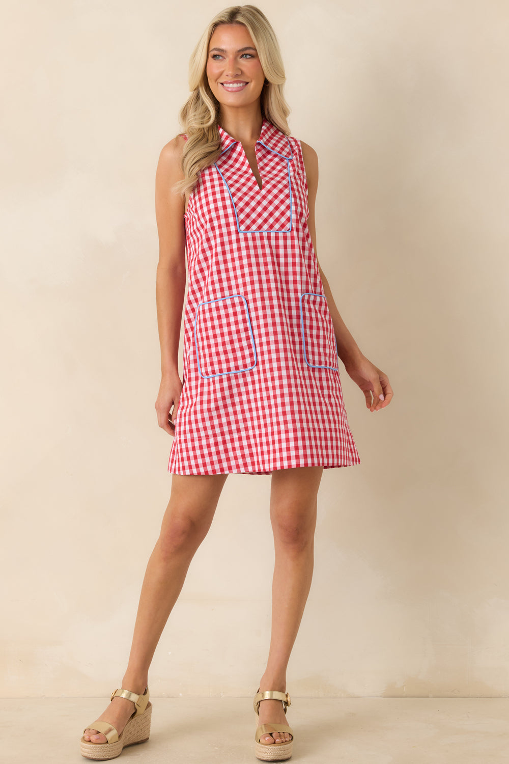 Red-Gingham-Mini-Dress-Featuring-A-Shift-Silhouette