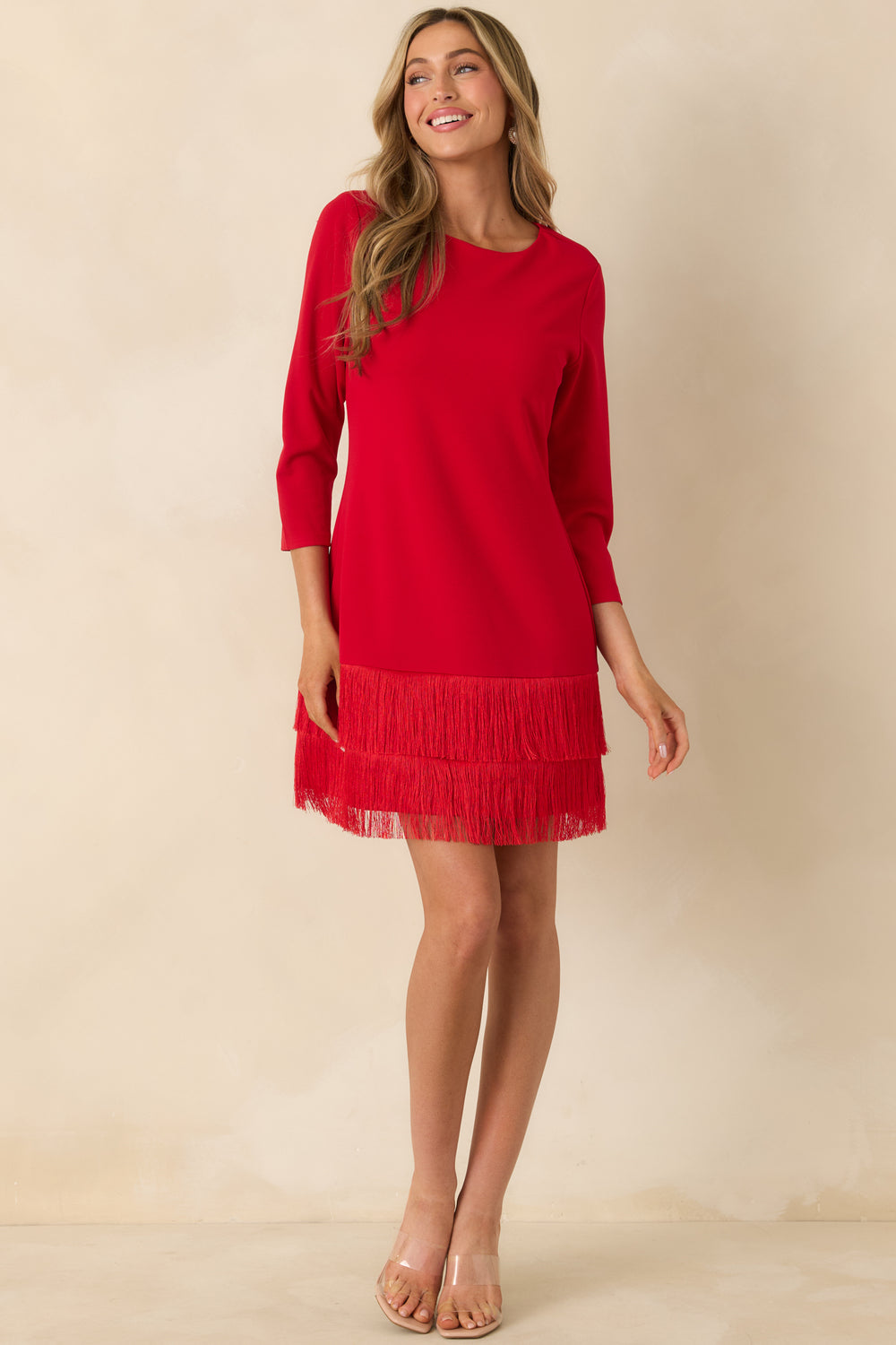 Red-Mini-Dress-Round-Neck-Three-Quarter-Sleeves-Fringe-Hem
