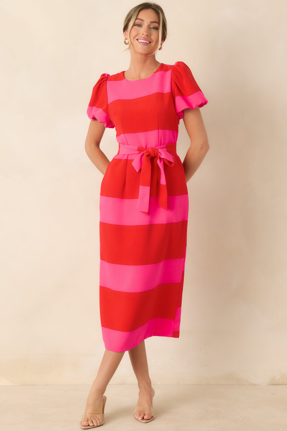 Red-Pink-Striped-Midi-Dress-With-Belt