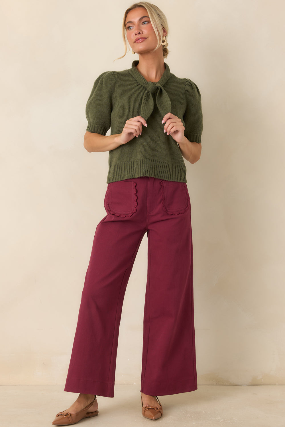 Ribbed-Knit-Top-With-Self-Tie-Neckline-And-Puff-Sleeves