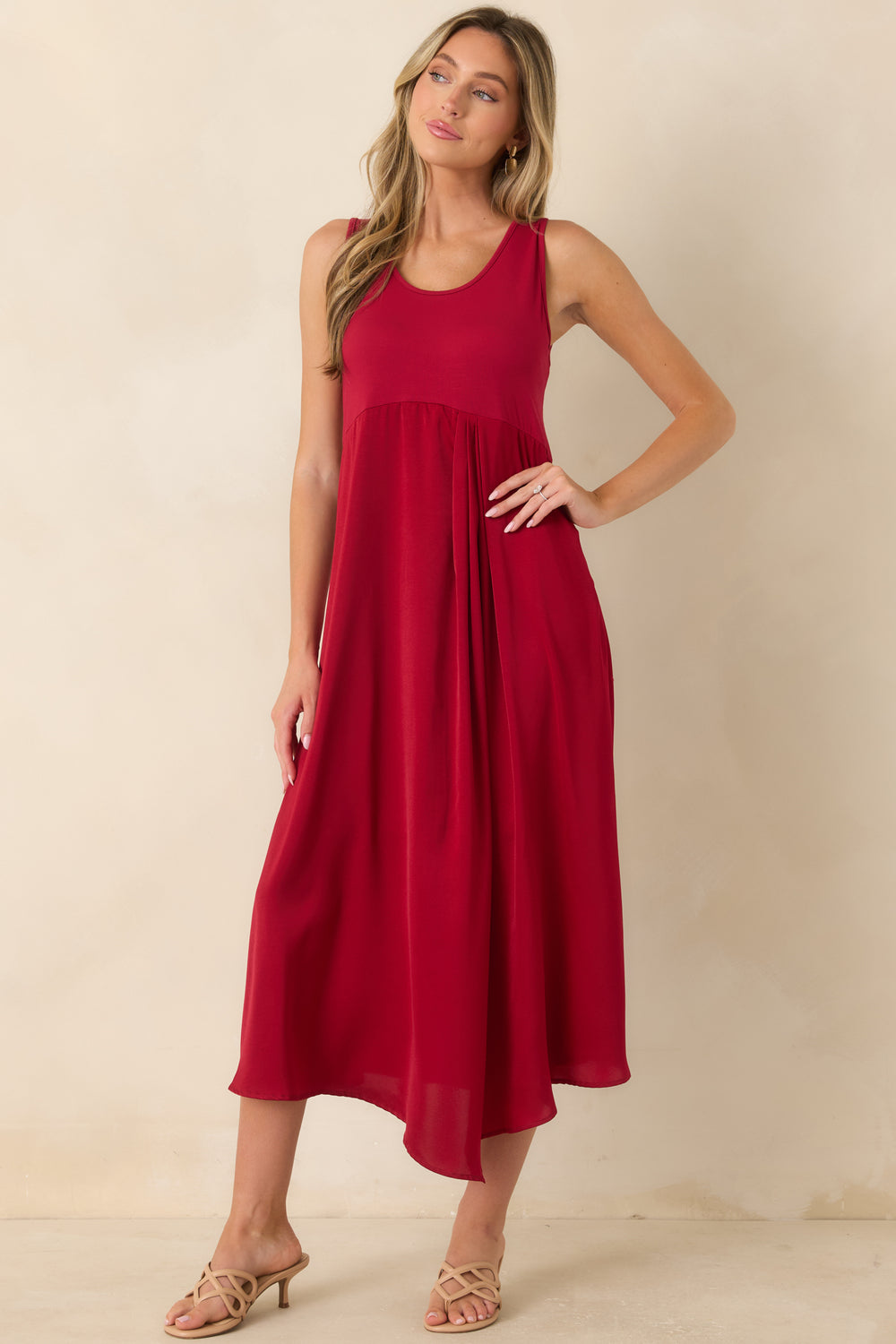 Sleeveless-Knit-Satin-Scoop-Neck-Midi-Dress