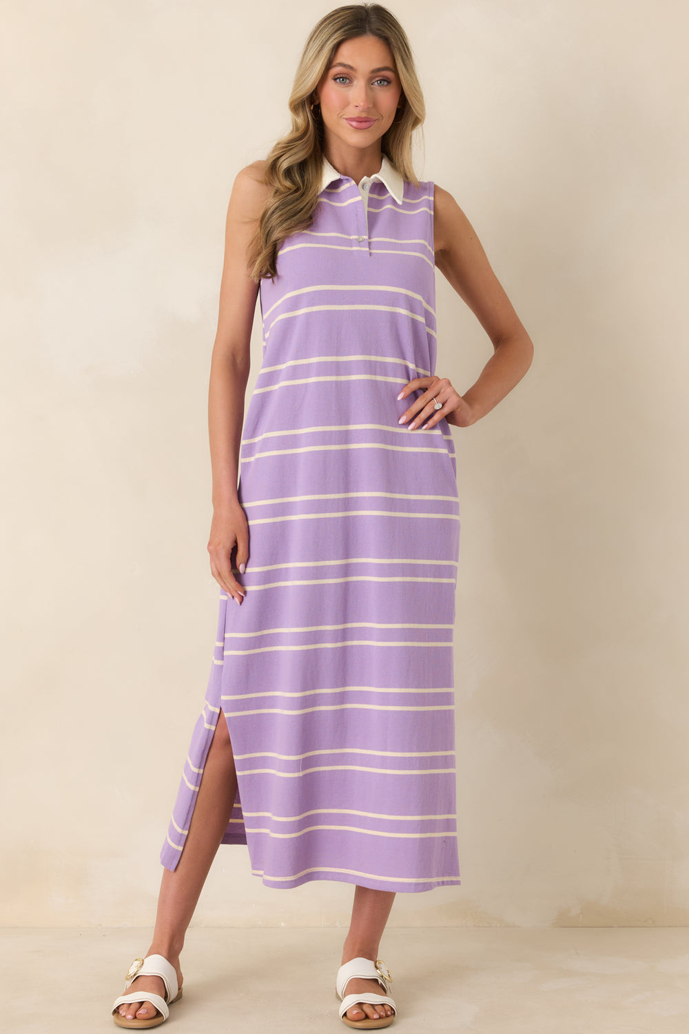 Sleeveless-Lavender-And-Neutral-Striped-Dress-With-A-Contrast-Collar