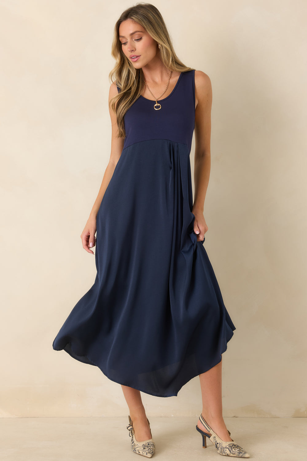 Sleeveless-Midi-Dress-Stretch-Knit-Satin-Skirt