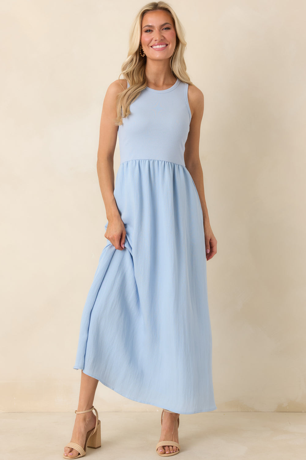 Soft-Blue-Midi-Dress-Ribbed-Bodice-Textured-Skirt