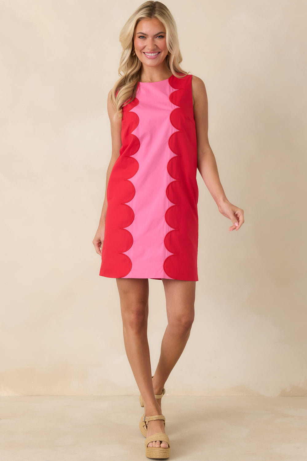 Statement-Mini-Dress-Designed-With-A-Red-Scalloped-Trim