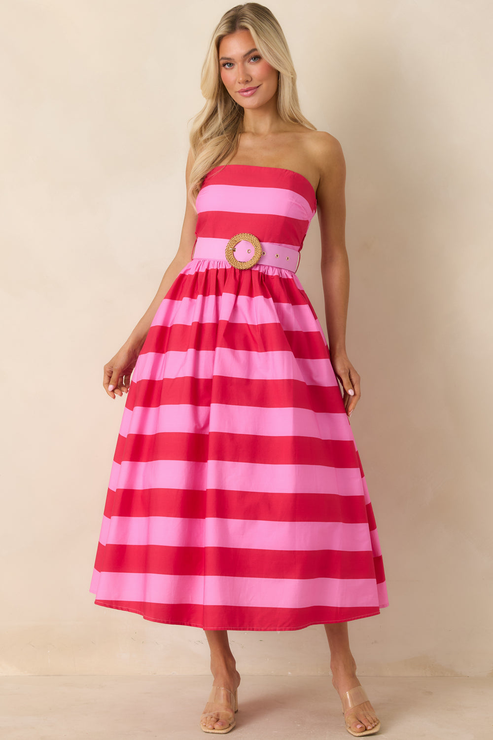 Strapless-Midi-Dress-With-Bold-Striped-Pattern