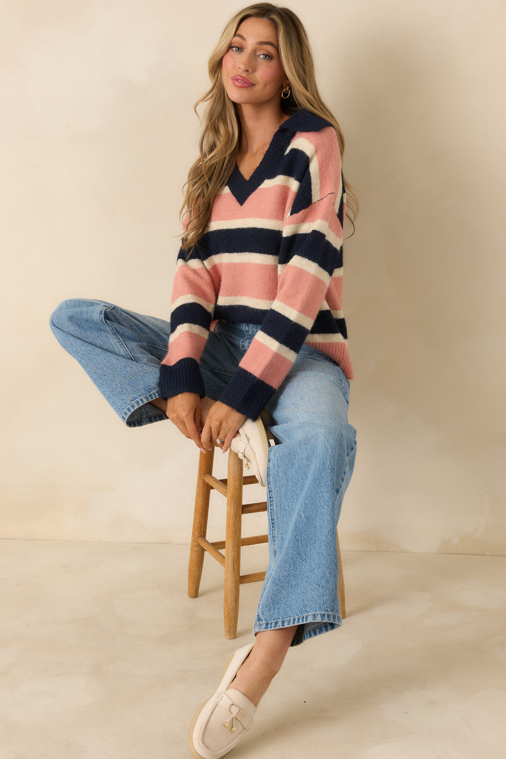 Striped-Brushed-Knit-Sweater-Featuring-Navy-Mauve-And-Cream-Stripes