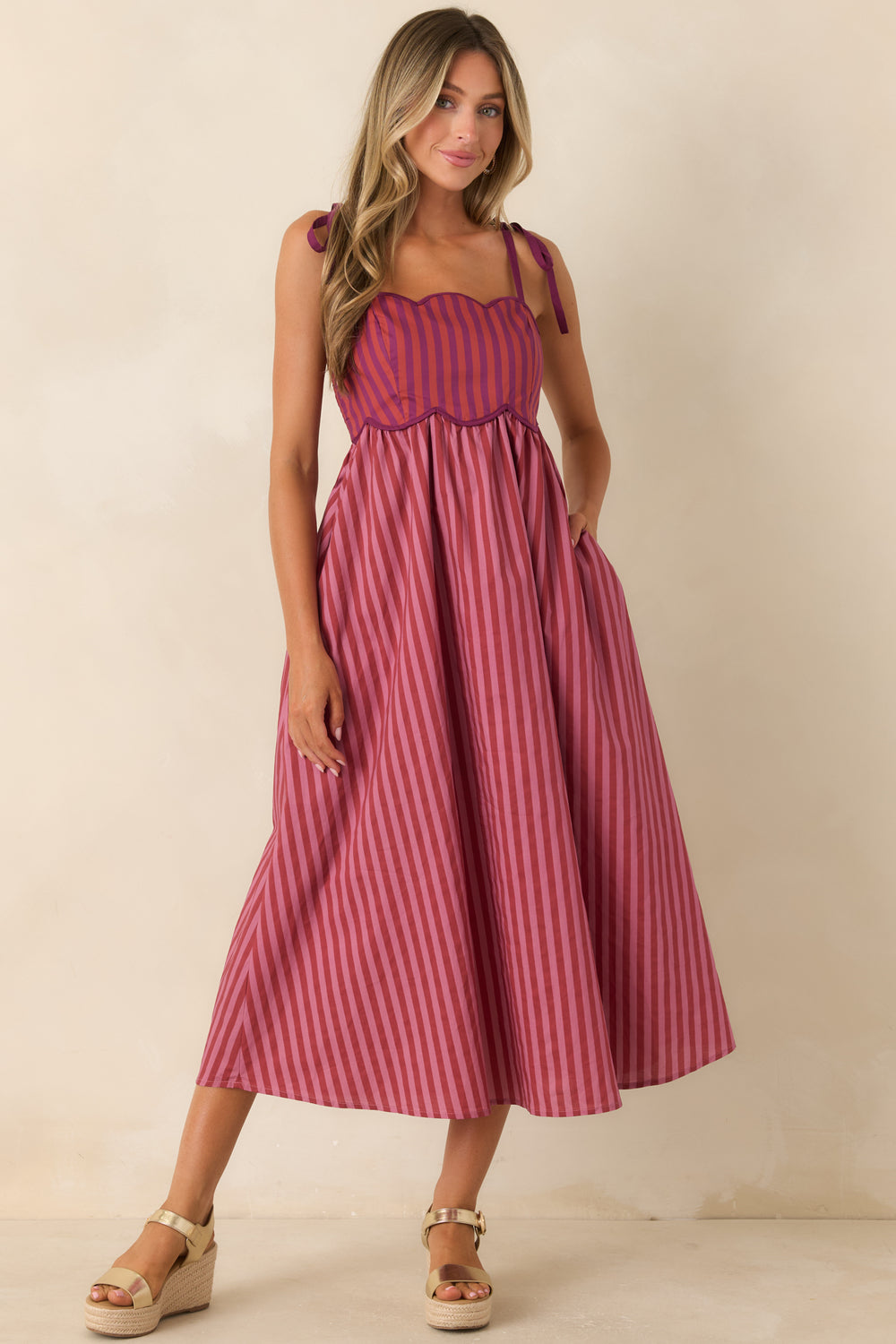 Striped-Midi-Dress-With-Gathered-Skirt-And-Straps