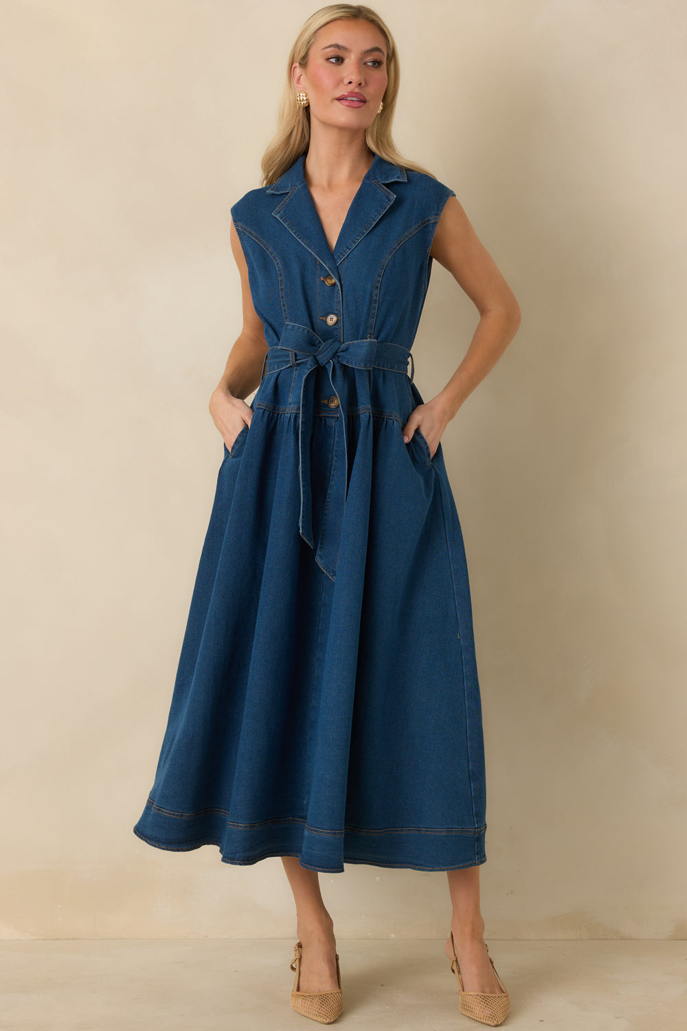 Tailored-Denim-Dress-Featuring-Side-Pockets-And-Self-Tie-Belt