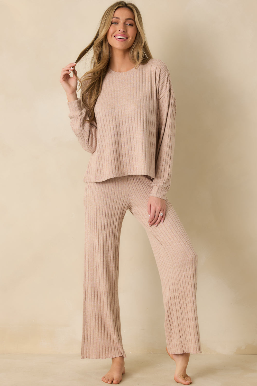 Taupe-Long-Sleeve-Top-Relaxed-Fit-Crew-Neck-Dropped-Shoulders