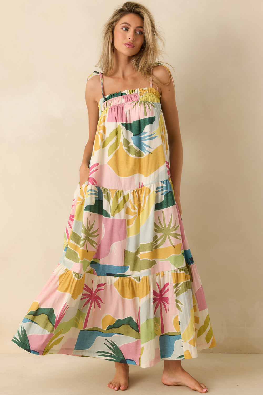 Tropical-Lagoon-Print-Maxi-Dress-Tiered-Skirt-Tie-Straps