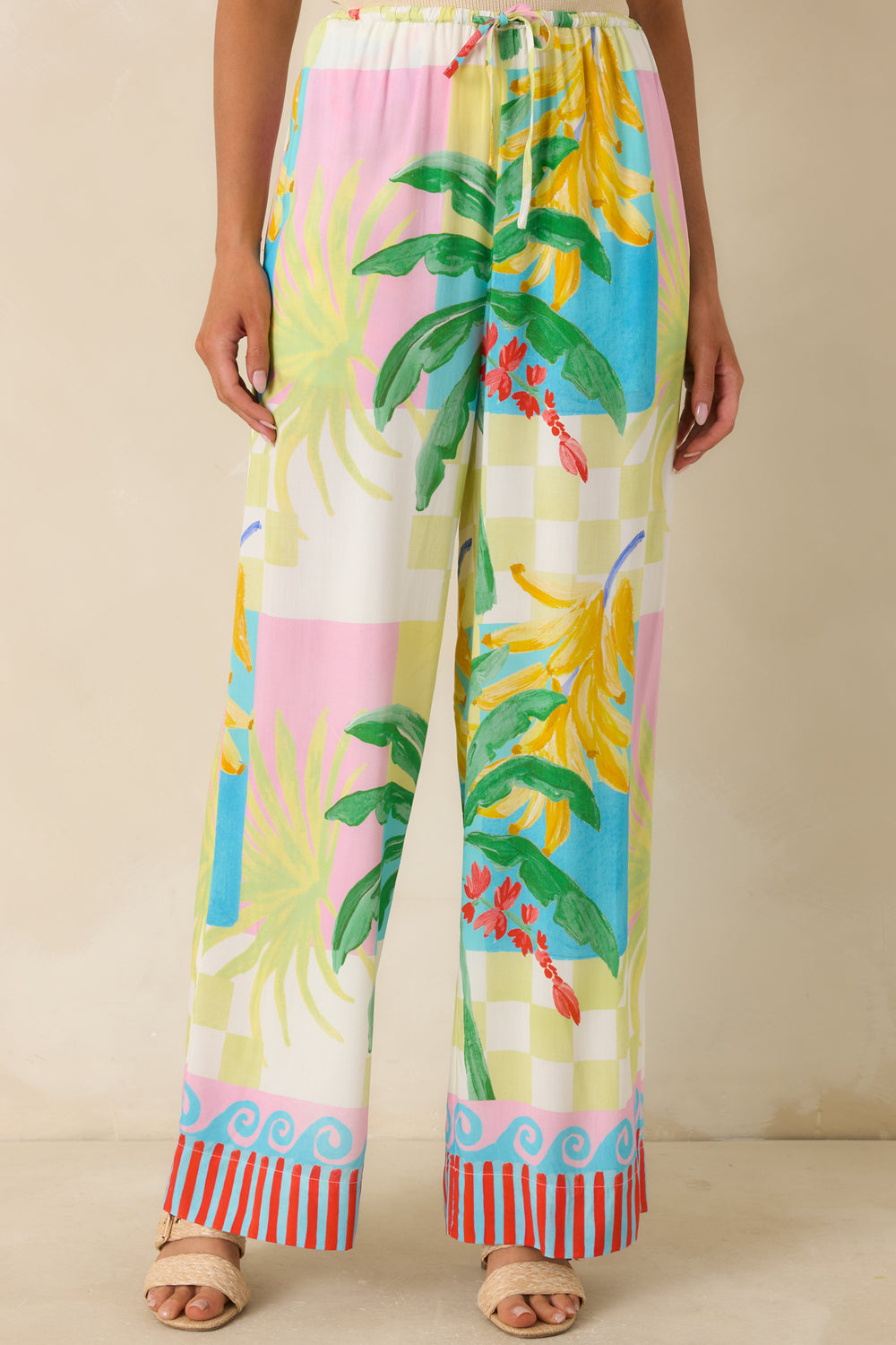 Tropical-Print-Pants-Adjustable-Drawstring-Waistband-Colorful-Woven-Fabric