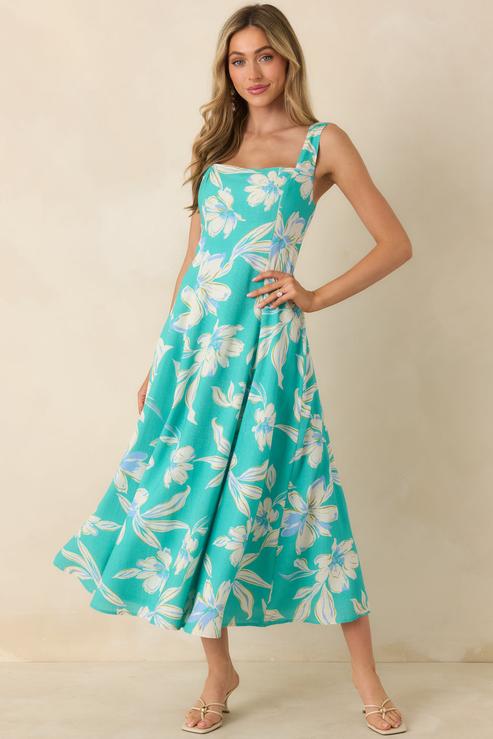Turquoise-Sleeveless-Midi-Dress-With-Square-Neckline-And-Wide-Straps