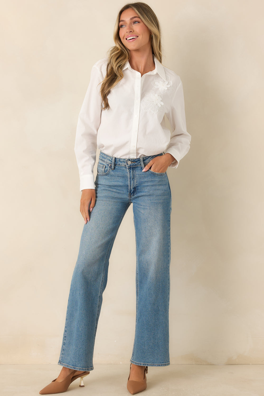 White-Button-Up-Blouse-With-Floral-Applique