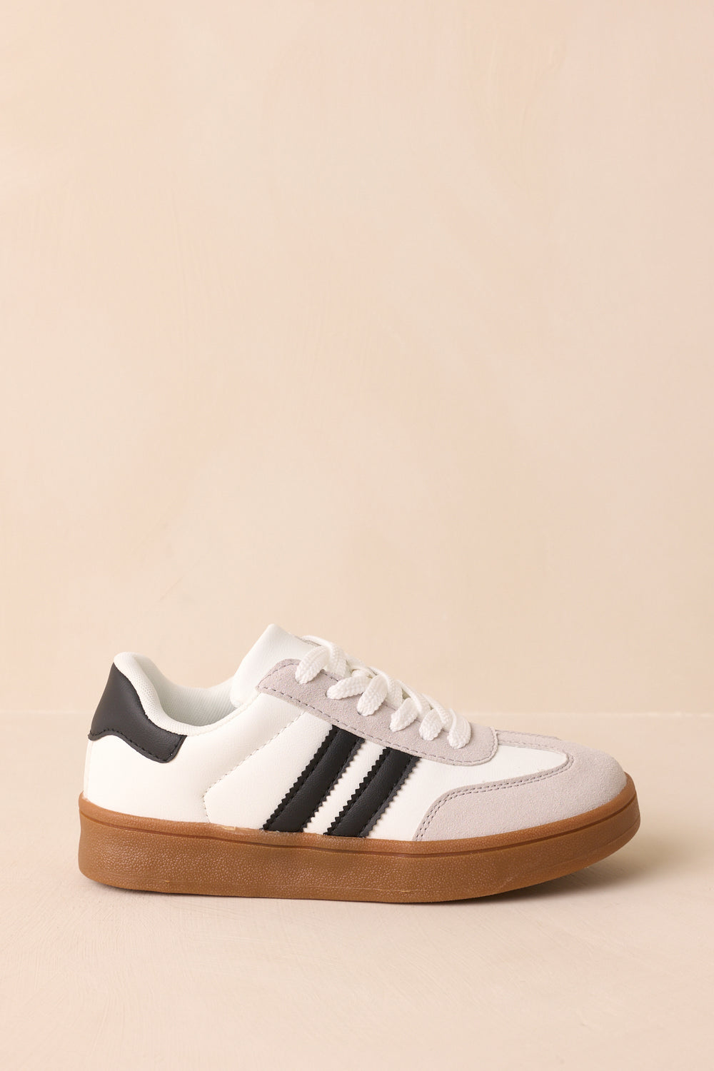 White-Faux-Leather-Suede-Sneaker-Side-View-Black-Stripes-Gum-Sole