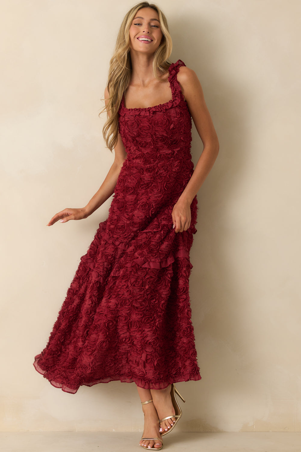 Wine-Red-Dress-Cascading-Ruffles-Skirt-Hem