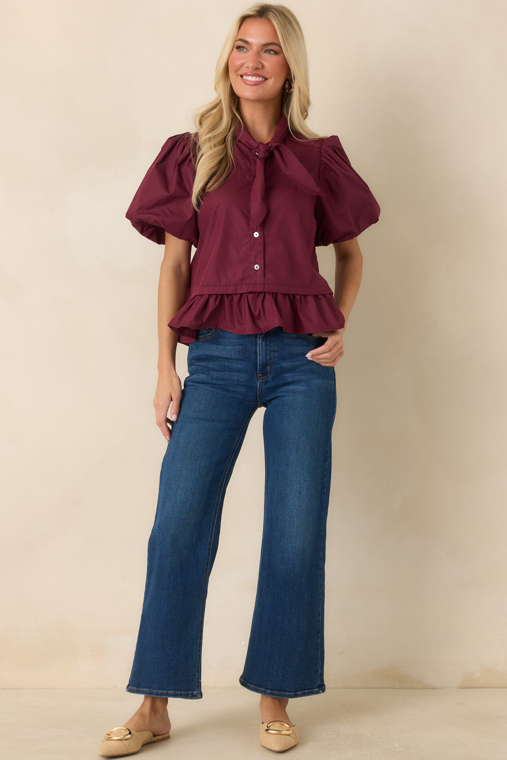 Wine-Red-Top-With-Bow-Tie-Neckline-And-Peplum-Hem