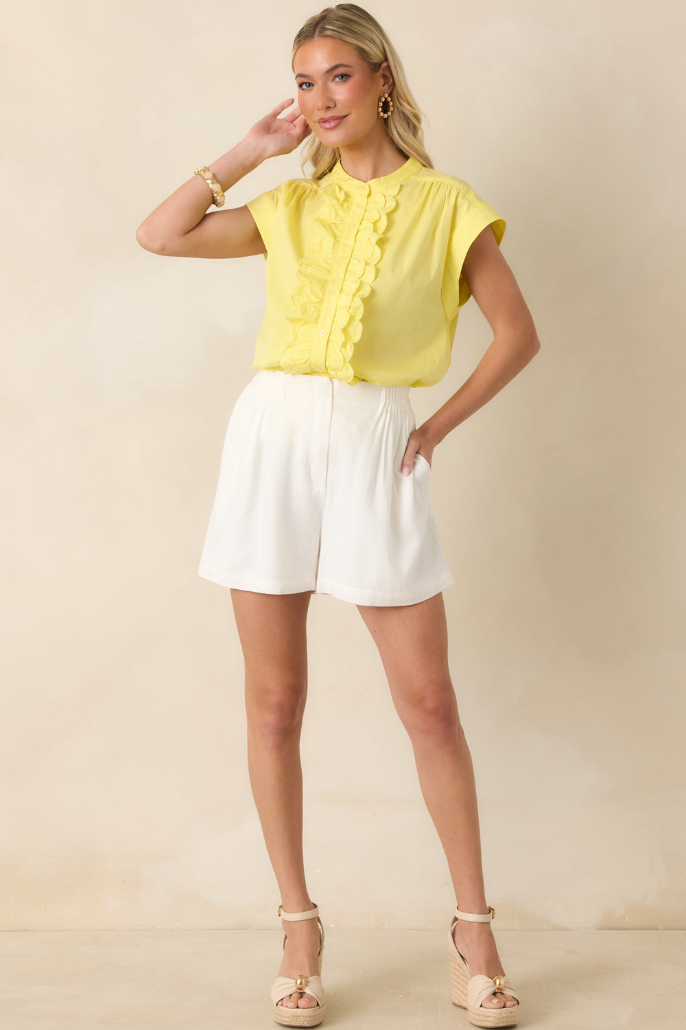 Yellow-Cotton-Blend-Top-Band-Collar-Ruffle-Front-Button-Closure