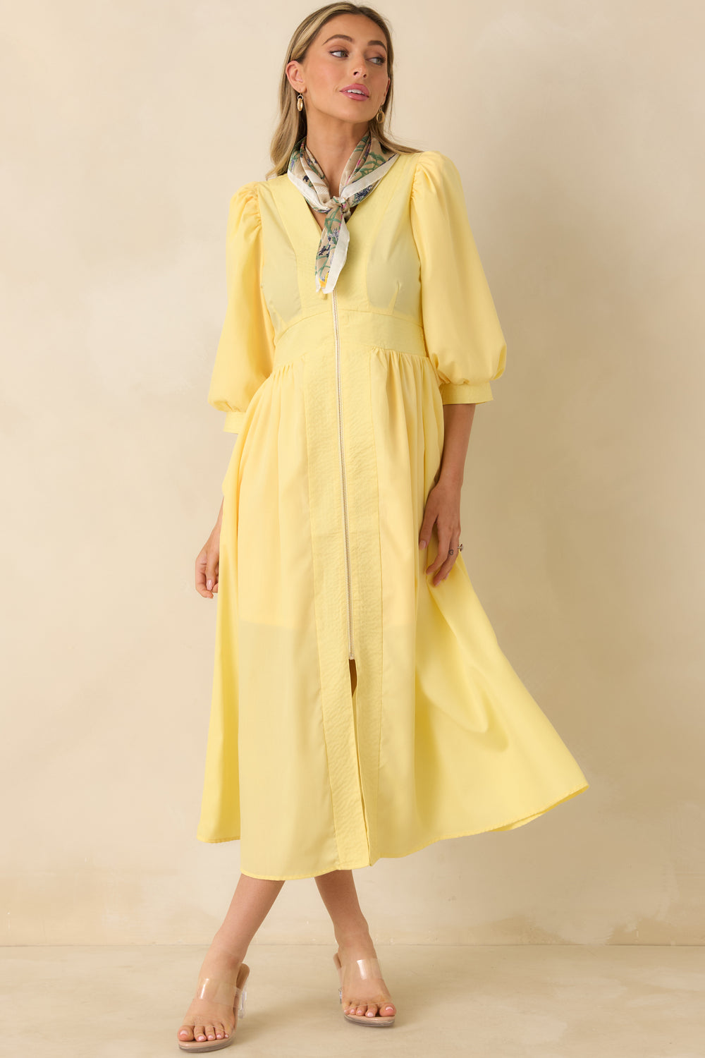 Yellow-Midi-Dress-With-V-Neckline-And-Defined-Waistband